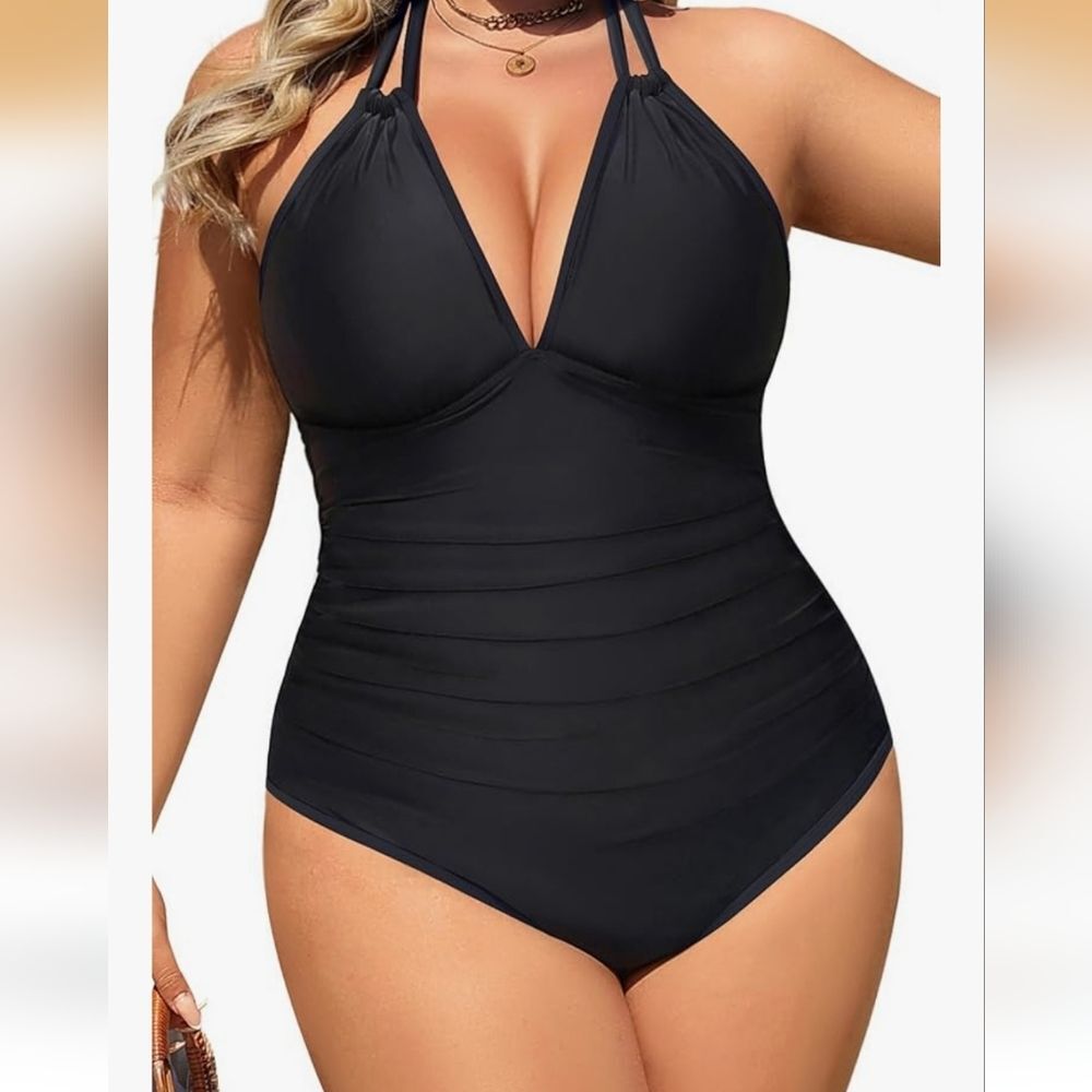 Aqua Eve black halter classic one piece swimsuit size 18w NWT beach vacation